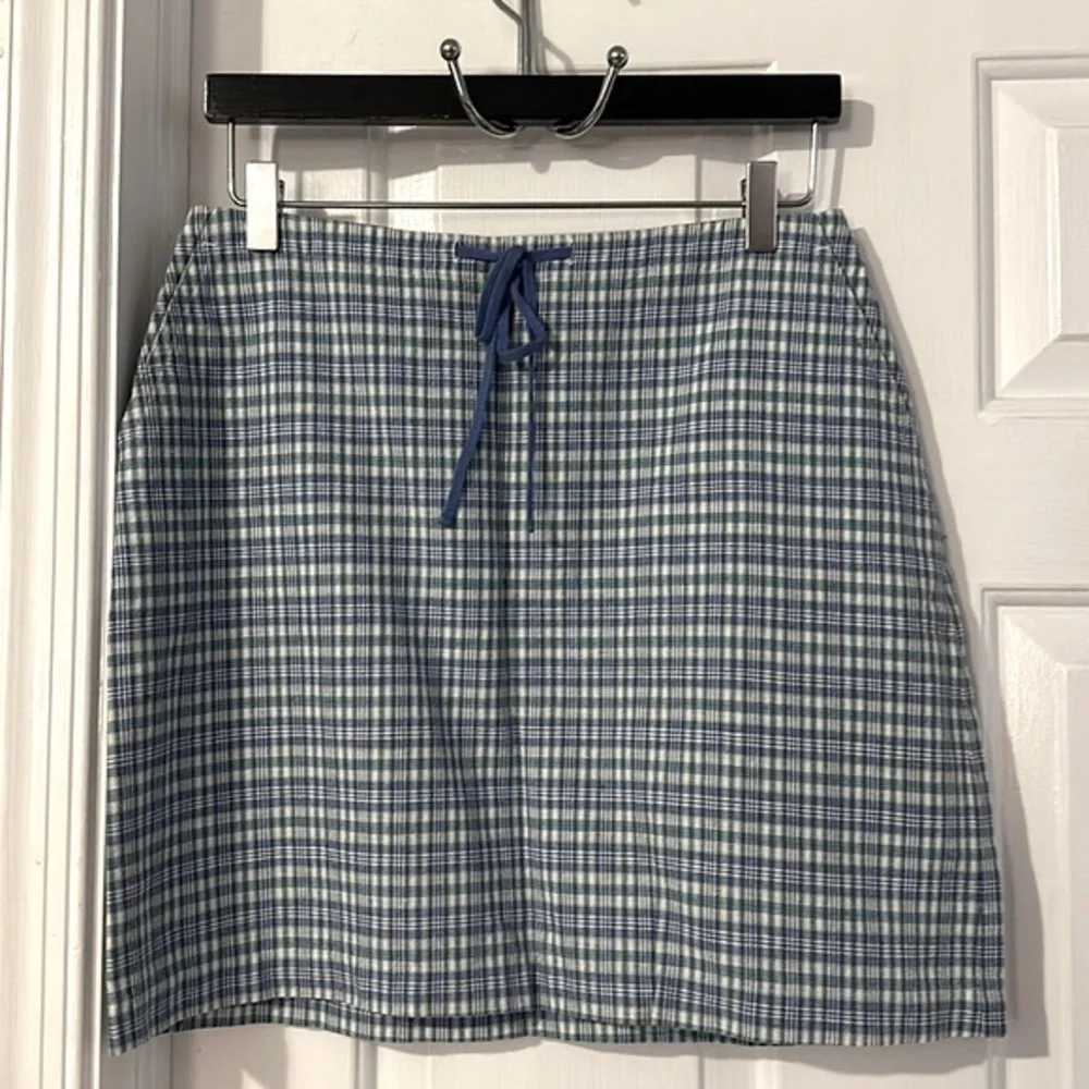 Women Boston Proper Blue Plaid Tie Top Cotton & Linen Skirt Size 8